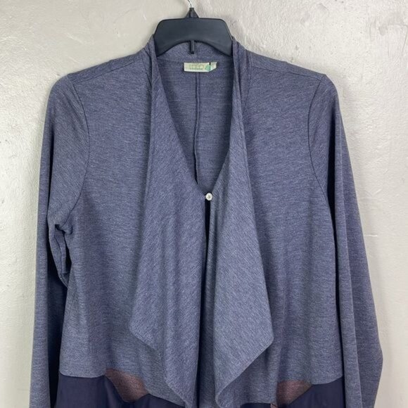 LOGO Lori Goldstein Blue French Terry Cardigan sz Large Open Waterfall Neckline - Picture 4 of 10
